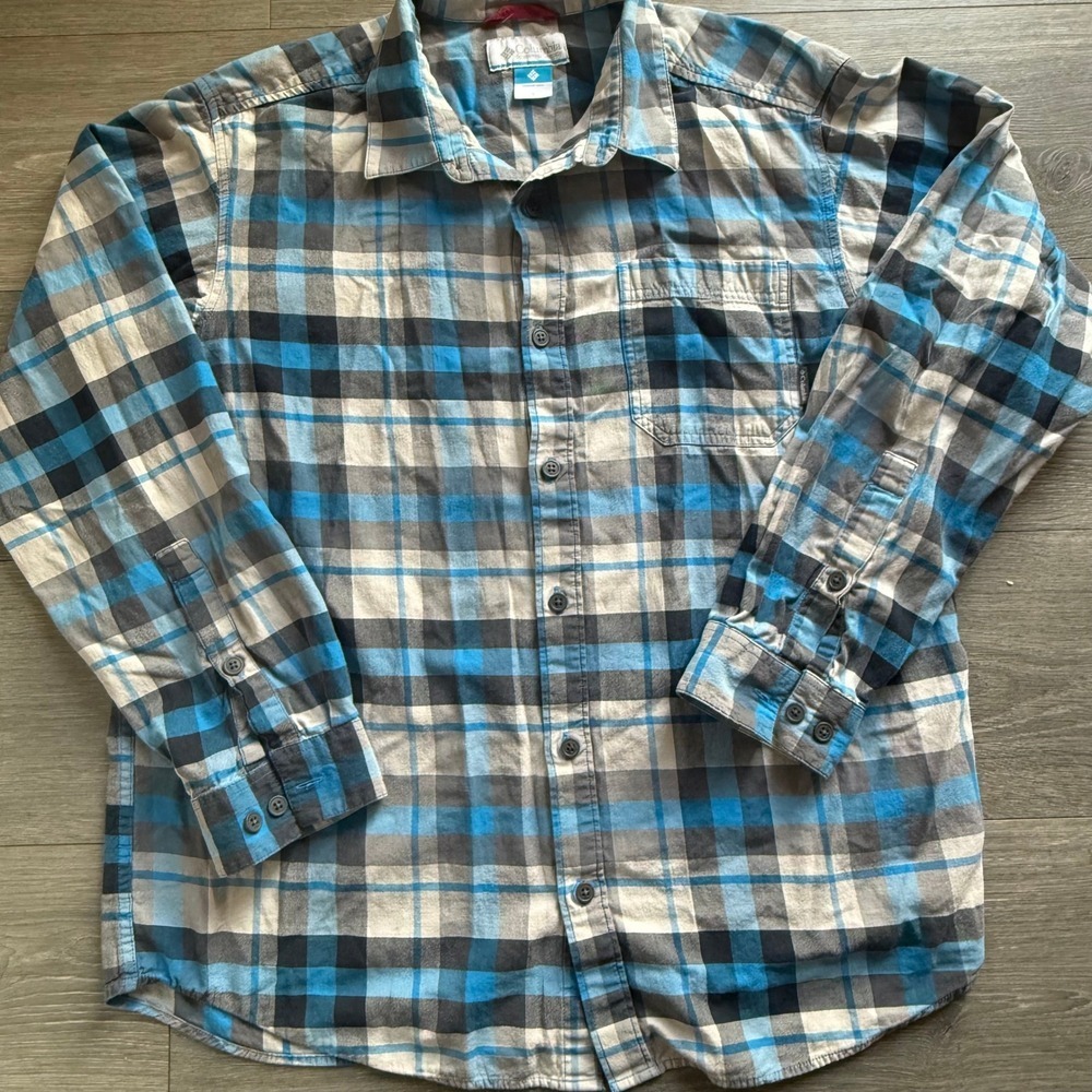 Columbia Mens Blue Plaid Flannel Button Down Shirt Large Long Sleeve RN69724